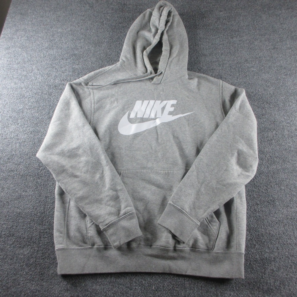 Nike Hoodie Adult L Gray Pullover Fleece Big Swoosh Logo Sweatshirt Casual‎ Mens